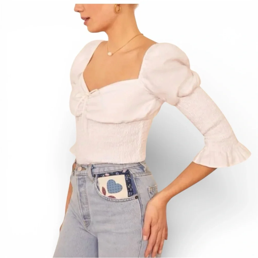 Reformation White Puff Sleeve Smocked Top Size M NWT